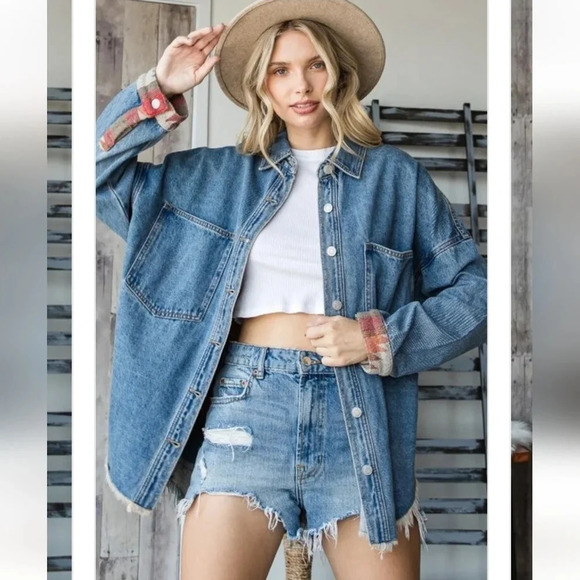 New! Aztec Denim Button Down Shacket - Picture 4 of 8